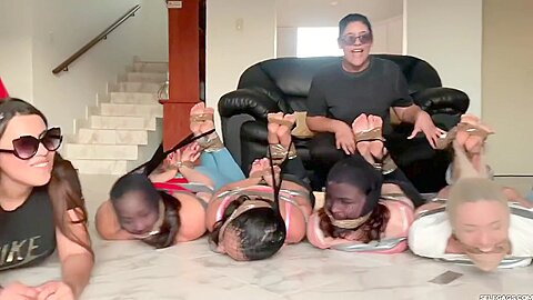 8 Barefoot Girls Gagged Hogtied And Pantyhose Encased :: Gagged Girls Tied Up by Dominatrixes in Black Outfits - free porn video